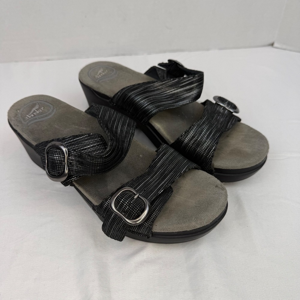 Dansko Womens Black Silver Metallic Wedge Slide Sandals Buckle Straps Size 39